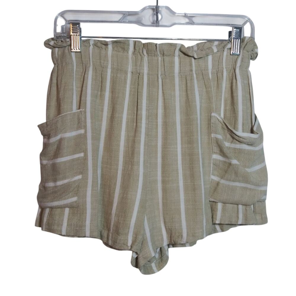 Lush Striped Taupe Cream Linen Casual Shorts Beach Vacation Size Small